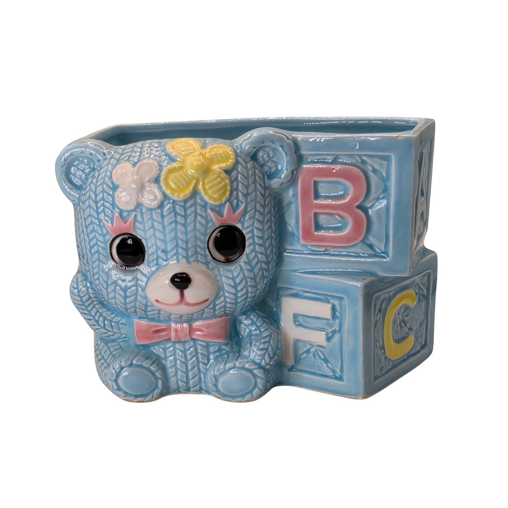 Vintage Nancy Pew Japan Ceramic Teddy Bear Alphabet Blocks Planter Blue 8119